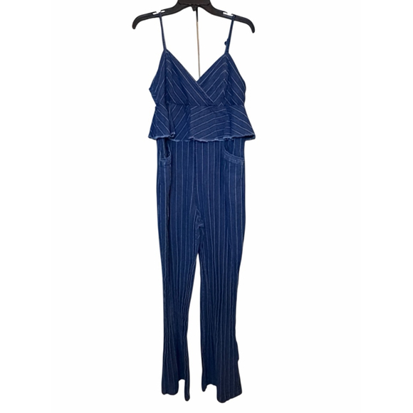 Anthropologie ett:twa Striped Peplum Jumpsuit Medium Wide Leg Blue - Picture 2 of 9